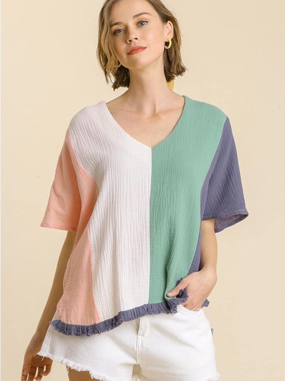 Umgee Colorblock V-Neck Top in White, Mint, Lavender & Peach